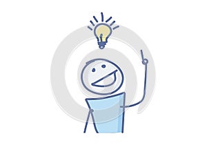 Stick figure having a creative idea with a light bulb over his head. Vector illustration