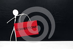 Stick figure holding corrections placard in black background. Audit findings root cause analysis concept.