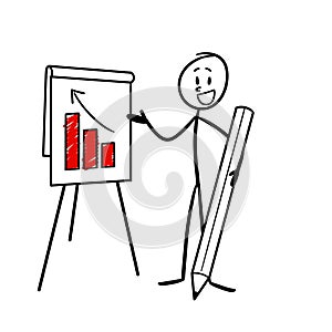 stick figure holding a pencil making a presentation in front of a chart