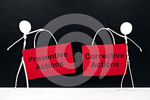 Stick figure holding preventive and corrective action placard in black background. Root cause analysis concept.