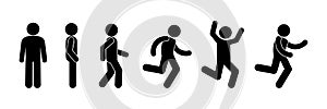 Stick figure icon man, human silhouette, running people pictogram, stickman body isolated on white, stands