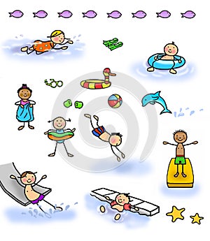 Stick figure kids swimming