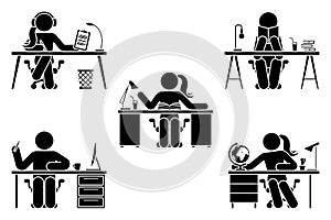 Stick figure male, female study, learn lesson at school, home office vector. Stickman student writing, listen, reading, sitting