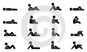 Stick figure male lie down various side positions vector icon set. Man person sleeping, laying, sitting on floor, ground silhouett