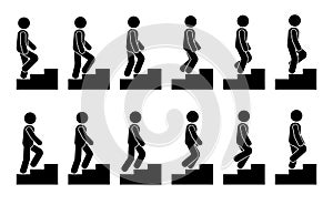 Stick figure male on stairs icon set. Vector man walking step by step sequence pictogram.