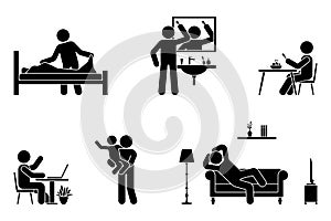 Stick figure man activities vector icon. Making bed, brushing hair, eating, sitting at desk, working, studying, resting, relaxing