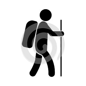 Stick Figure Man Backpacking Hiking Holding a Walking Stick. Black Illustration Isolated on a White Background. EPS Vector