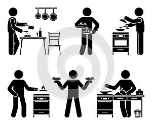 Stick figure man cooking at home kitchen vector illustration set. Stickman person getting ready to eat icon pictogram