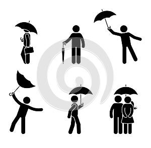 Stick figure man and couple with umbrella icon set. Male under the rain in different positions.