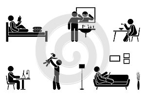 Stick figure man everyday activities vector icon set. Read book, shave face, eat, sit, work, study, play with child, use laptop