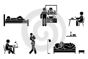 Stick figure man everyday life activities vector icon. Sleep, brush, eat, sit at desk, work, study, lay on sofa, music, laptop