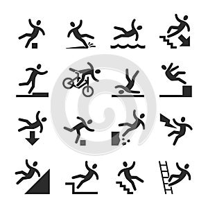 Stick figure man falling beware, hazard warning symbols. Person injury at work vector signs isolated