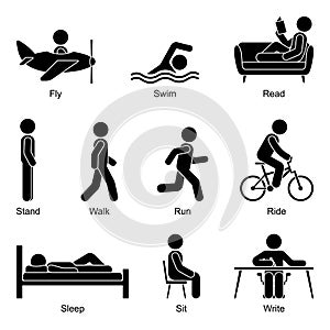 Stick figure man flying, swimming, reading, standing, walking, going, running, riding, sleeping, sitting, writing vector set