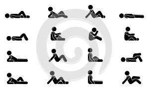 Stick figure man lie down vector illustration icon set. Male person sleeping, laying, sitting on floor ground silhouette pictogram