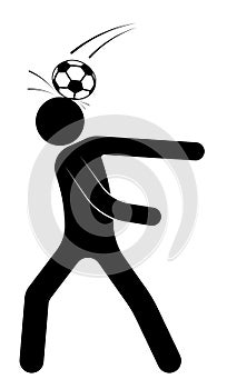 Stick figure, man is playing soccer. Ball unexpectedly hit the player in the head. Injury during the competition. Team sports.