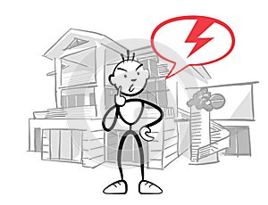 Stick figure man reports insurance damage to house