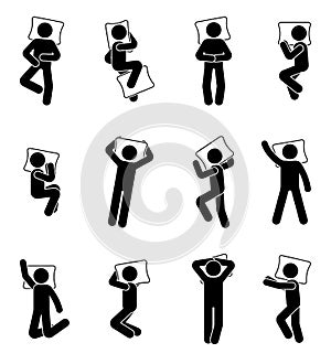 Stick figure man sleeping icon set. Deferent positions single male in bed pictogram. photo