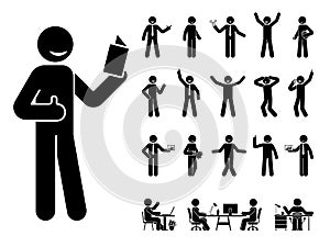 Stick figure man vector icon set. Reading, talking, happy, sad, surprised, amazed, angry, sitting at office stickman