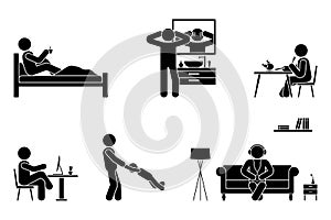 Stick figure man vector icon. Sleep, drink coffee, wash face, eat, sit at desk, work, study, play with child, listen to music