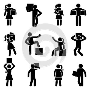 Stick figure man and woman carrying box vector icon pictogram. Guy and lady holding, moving, standing silhouette. photo