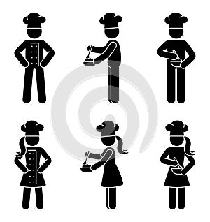 Stick figure man woman chef cook vector illustration set. Stickman kitchener standing in working uniform icon pictogram