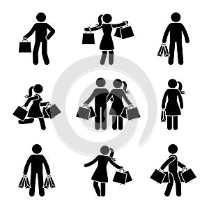 Stick figure man and woman holding shopping bags vector icon pictogram. Seasonal sale, black friday happy buyers with purchase