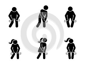 Stick figure man and woman with knee pain icon vector set. Sick stickman having problem with kneecap painful, aching movements