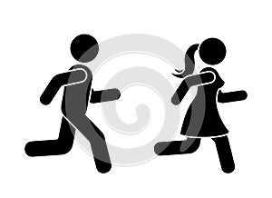 Stick figure man and woman running icon vector pictogram. Boy and girl competition sign silhouette
