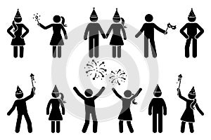 Stick figure man and woman with salute, fireworks birthday celebration vector icon people pictogram