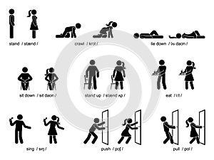 Stick figure man woman stand, crawl, lie down, sit down, stand up, eat, sing, push, pull verbs pronunciation vector set photo