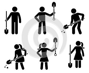 Stick figure man woman standing with shovel vector set. Stickman male female digging ground, gardening icon pictogram