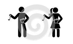 Stick figure man and woman standing with soup ladle and saucepan vector set. Stickman person cooking icon sign pictogram