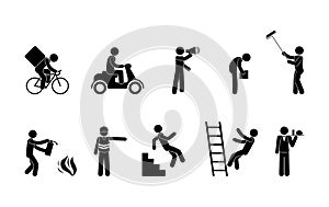 Stick figure man working, icon of representatives of various professions, isolated pictograms of people photo