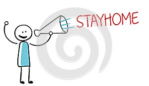 Stick figure with megaphone and german words for Stay home - Bleib zuhause