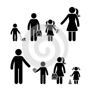 Stick figure mother standing with sons, daughter, father with kids vector icon set. Boy and girl with backpack playing with toys