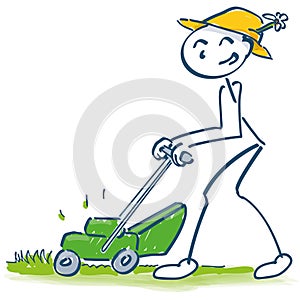 Stick figure mowing the lawn with the mower cutting grass