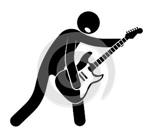 Stick figure, musician plays rock music on guitar. Concerts, festivals and holidays. Vector on white background