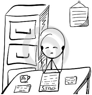 Stick figure in office doing taxes