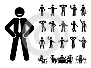 Stick figure office man standing vector icon set. Happy sad surprised amazed angry face. Sitting meeting talking pointing stickman