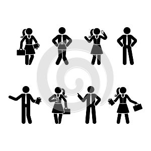 Stick figure office men and women set. Vector illustration of business people on white.