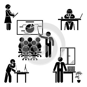 Stick figure office poses set. Business finance workplace support. Working, sitting, talking, meeting, training.