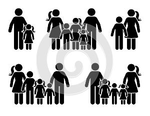 Stick figure parents and children icon set. Big happy family black pictogram.