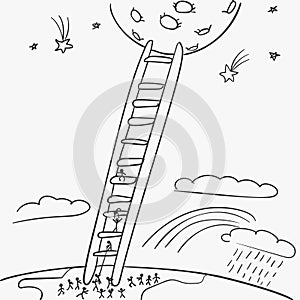 Stick figure people escaping from earth to moon climbing on ladder, Vector doodle