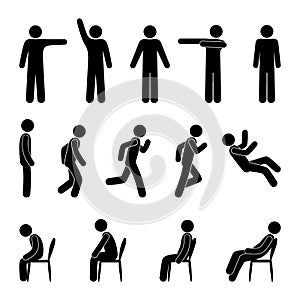 Stick figure people in various poses, isolated human silhouettes, a man stands, sits, runs