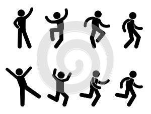 Stick figure pictogram man various poses and gestures, isolated human silhouettes, people run, dance