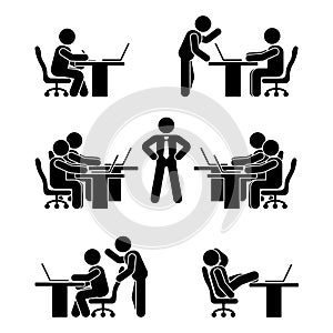 Stick figure poses set. Business finance chart person pc icon. Employee solution vector pictogram.