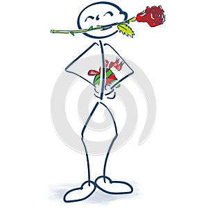 Stick figure with rose in the mouth and gift behind his back