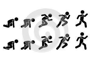 Stick figure runner sprinter sequence icon vector pictogram. Low start speeding man sign symbol posture silhouette