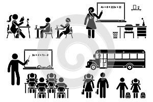 Stick figure school boy, girl sitting in class, lesson, writing, reading vector icon. Female, male teacher, standing at blackboard