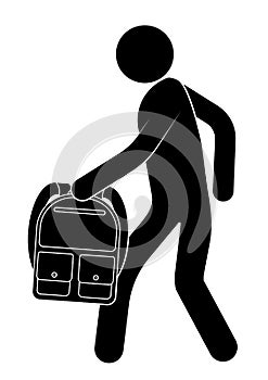 Stick figure. Schoolboy, student goes with a backpack in his hands. September 1, day of knowledge. Simple icon for web site,